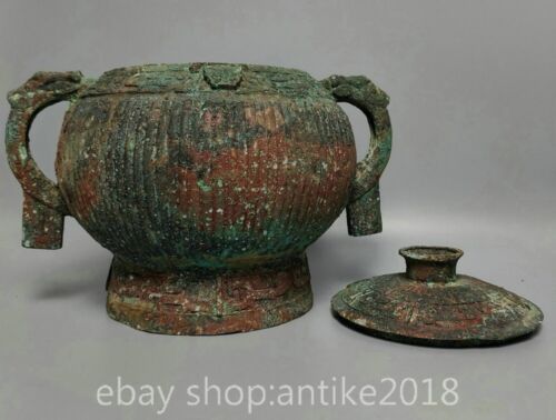 13.6" Old Chinese Bronze Ware Dynasty Dragon Beast Handle Wine Vessel Wine Pot - Picture 5 of 9