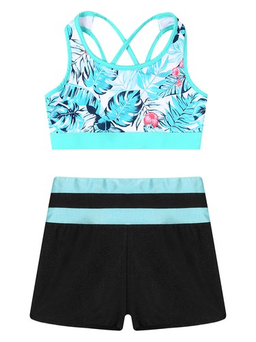 Girls Swimwear Suit Gymnastics Set Tankini Cute Strappy Back Floral Quick Dry - Picture 44 of 54
