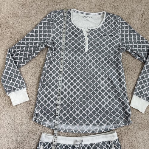 Nautica Womens 2 Piece Fleece Pajamas Sz M Sleepwear Gray White Velour Soft NWT - Picture 5 of 20