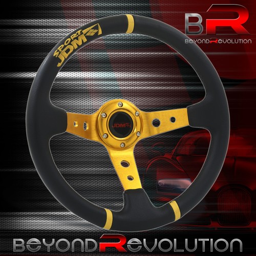3 Spokes 350mm Universal Black PVC Leather Gold Aluminum Steering Wheel - Picture 3 of 4