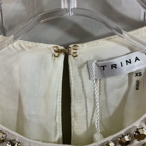 Trina Turk Rüschenkleid beige gold Perlen lockere Passform Party Midi XS NEU 498 $ - Bild 5 von 13