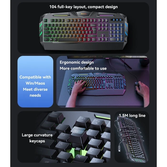 YESIDO KB21 Gaming Keyboard Wired USB 104 Keys Rainbow LED Backlight For PC Mac - Image 3 of 4