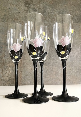 Luminac 80s Champagne Glasses Domino Anais black stem pink flower french - Picture 6 of 9