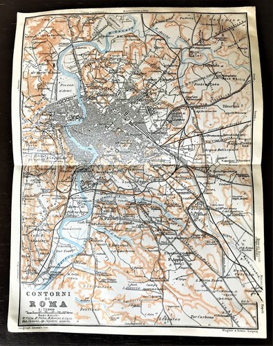 CONTORNI de ROMA, ITALY Original 1909 ANTIQUE COLOR CITY MAP ~ ROME Baedeker