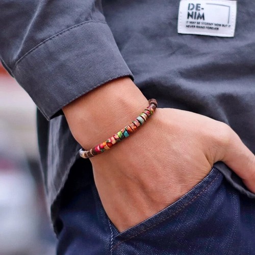 Natural Imperial Jasper Coconut Shell Beaded Dainty Bohemia Stretch Bracelet - Picture 3 of 3