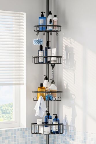 New-Corner Shower Caddy Tension Pole: Stainless Steel Rustproof 4-Tier Shower Or