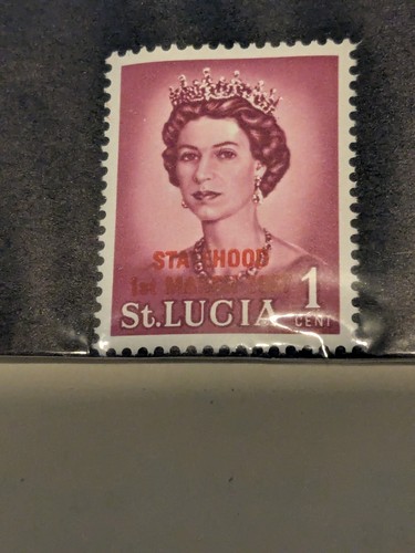 St. Lucia Stamp Scott #214, 1c, Statehood Overprints in Red & Black, MLH - Picture 2 of 3