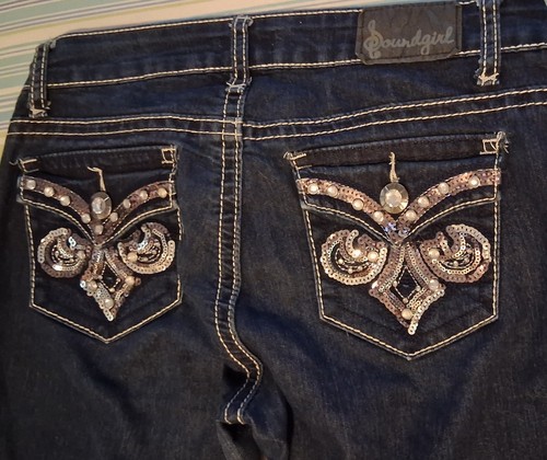 Soundgirl womens size 9 denim skinny jeans zip dark wash sequined back pockets - Picture 9 of 9