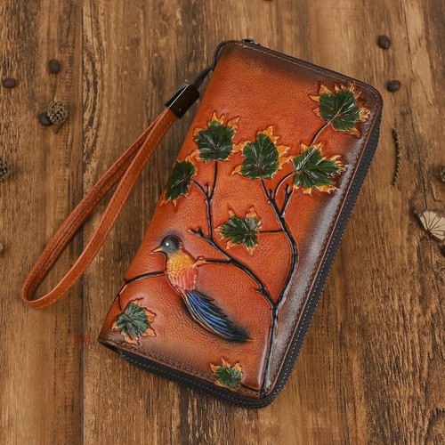 Retro Genuine Leather Women Long Wallet Double Zip Embossed Floral Pattern Purse - Picture 27 of 32