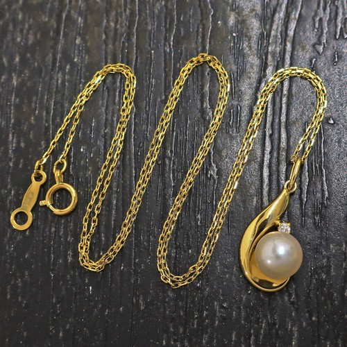 MIKIMOTO K18YG Yellow Gold Diamond & Pearl Charm Necklace Pendant #977c Rise-on - Picture 1 of 7