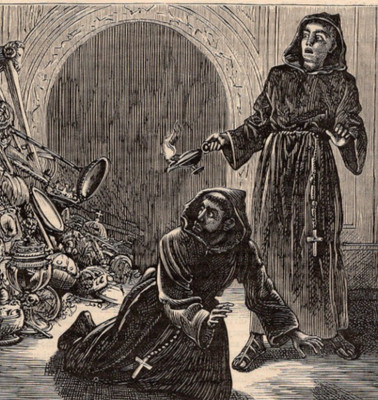 MONKS DISCOVERING TREASURE   Gothic Interior Scene 1872 Wood Engraving