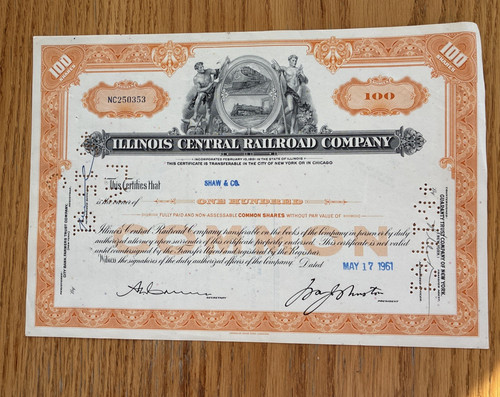 1961 Illinois CENTRAL RAILROAD COMPANY Stock Certificate for 100 Shares