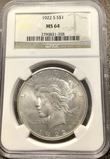 1922-S Peace Silver Dollar NGC MS64 Great Luster Very Choice Near Gem BetterDate