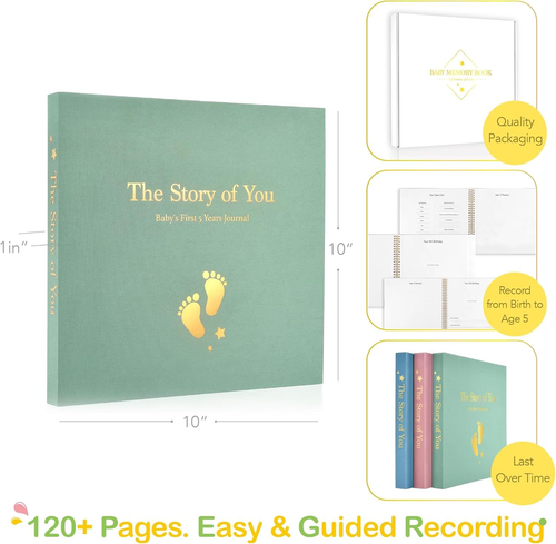 Baby Memory Book First 5 Year Boy or Girl Keepsake Footprint - Sage Green - Picture 2 of 9