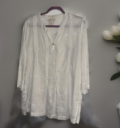 Cynthia Rowley 100% Linen Tunic Long Sleeve White Blouse Size L