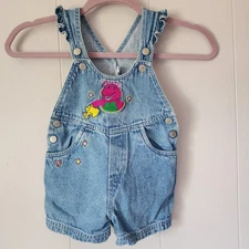 Vintage Y2K 2000 90s Barney Bibs Overalls Jeans Kids 2T Embroidered Dinosaur