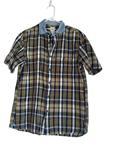 Lands End Canvas 1963 Mens Short Sleeve Button Up Shirt Sz M Blue Yellow Plaid