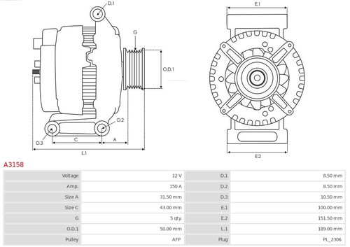 ALTERNATOR A3158 FOR MERCEDES-BENZ OM646.811/812 2.1L OM640.941/940/942 2.0L - Picture 6 of 14