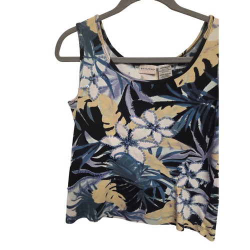 Y2K Vintage White Stag Floral Tank Top Sleeveless Blue Yellow Beaded Ladies M