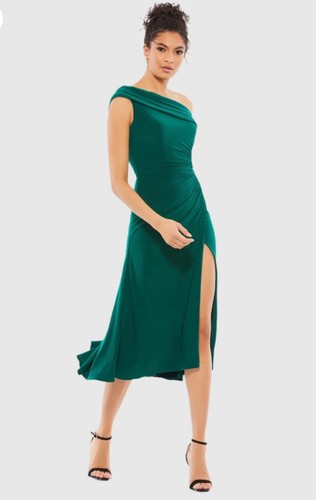 Neu Mac Duggal Größe 10 grün gerafft schulterfrei Midi Cocktailkleid