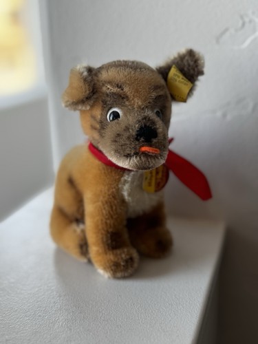 Vintage 60’s Steiff Mopsy Puppy Dog Germany Rare Red Bow Ear & Chest Tags 5.5”