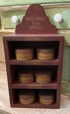 Vintage Red Mill Pure Spices Wooden Shelf Set w/ 6 Paper Mache Jars Farmhouse De
