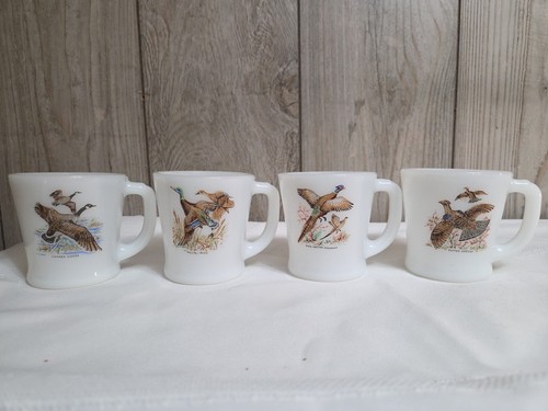 FIRE KING Game Bird COFFEE CUPS Milk Glass Lot 4: Pheasant-Grouse-Mallard-Goose - Picture 1 of 24