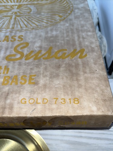 Indiana Glass 2pc Gold Glass & Brass Lazy Susan with Original Box #7318 Vintage - Picture 3 of 7