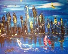 BLUE CITY  MODERN ART   SIGNED CANVAS - STRETCHED painting original G4G5