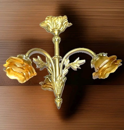 Antique French Chandelier Ceiling Light Flower Bouquet 3 Yellow Rose shades 42cm - Picture 6 of 15