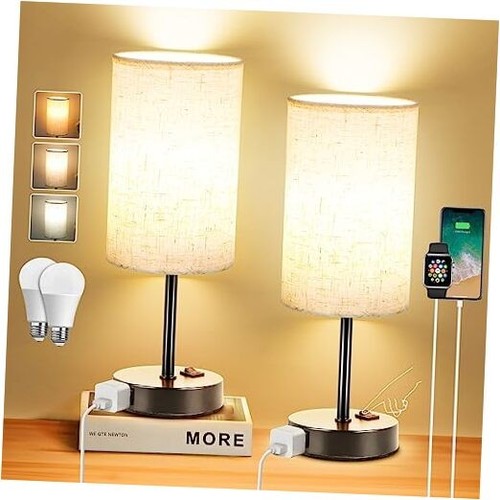  Table Lamp for Bedroom Set of 2, Bedside Small Lamps Flaxen Shade- Black Base - Bild 1 von 7