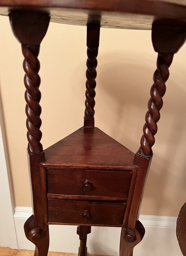 Antik 1910 viktorianisch Mahagoni runder kleiner Tisch zwei Eckschubladen Gerste Twist - Bild 3 von 18