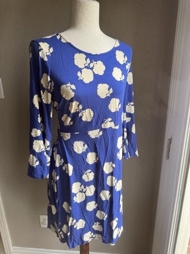 Boden Strick Jersey Miriam Kleid Glockenärmel Holzschnitt blau geblümt 14L - Bild 2 von 6