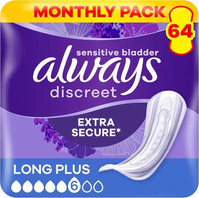 PROCTER & GAMBLE Incontinence Pads Women, Long Plus, Always Discreet Pads, Absorbency 5, 64 Sani