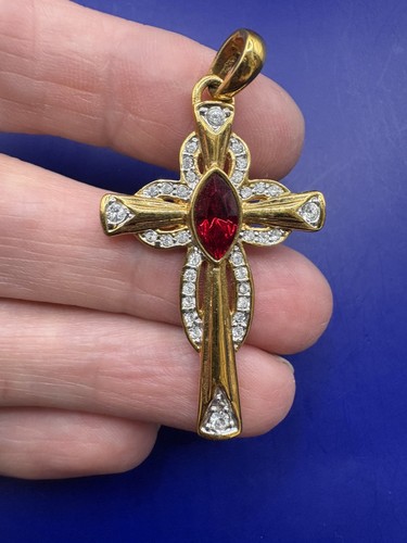 Vintage Camrose & Kross JBK Ruby Red & Clear Crystal Cross Pendant - Picture 2 of 6