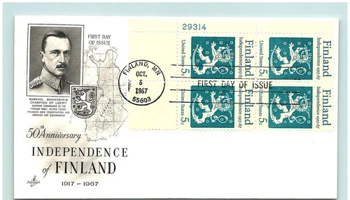 S04-9259, FINLAND INDEPENDENCE, PLATE NUMBER BLOCK, ARTCRAFT FDC