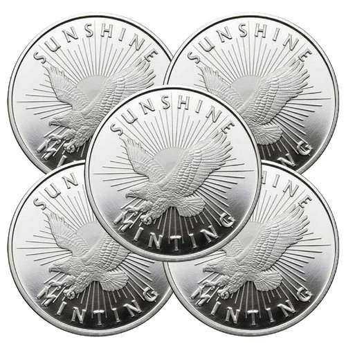 Lot of 5 - 1 Troy oz Sunshine Minting .999 Fine Silver Round Mint Mark SI