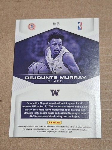 2016 DEJOUNTE MURRAY PANINI CONTENDERS NBA ROOKIE CARD RC #15 SPURS HUSKIES - Bild 2 von 3