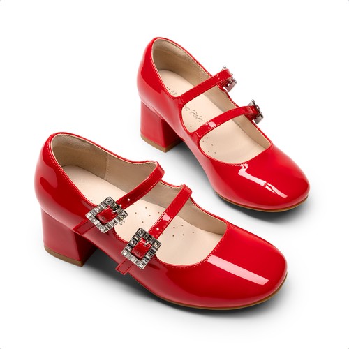 Girls Mary Jane Pump Shoes Double Strap Low Chunky Heel Princess Pump Shoes - Picture 26 of 38