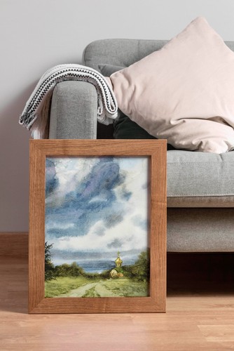 Landscape Ukrainian Church Art Original Watercolor Painting Nature Country Cloud - Picture 7 of 9