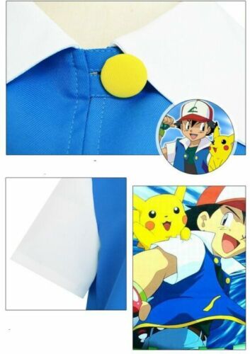 Kids Pokemon Ash Ketchum Trainer Costume Cosplay Shirt Jacket+Gloves+Hat Xmas UK - Picture 9 of 19
