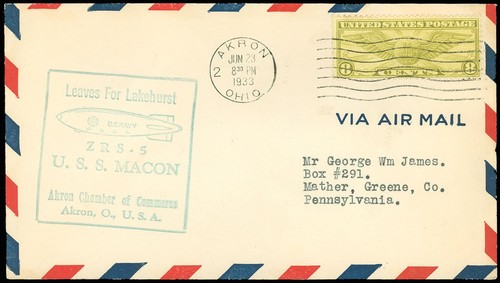 6/23/34 USS MACON LEAVES FOR LAKEHURST Turquoise Cachet, AKRON, OH CDS, SC #C17!