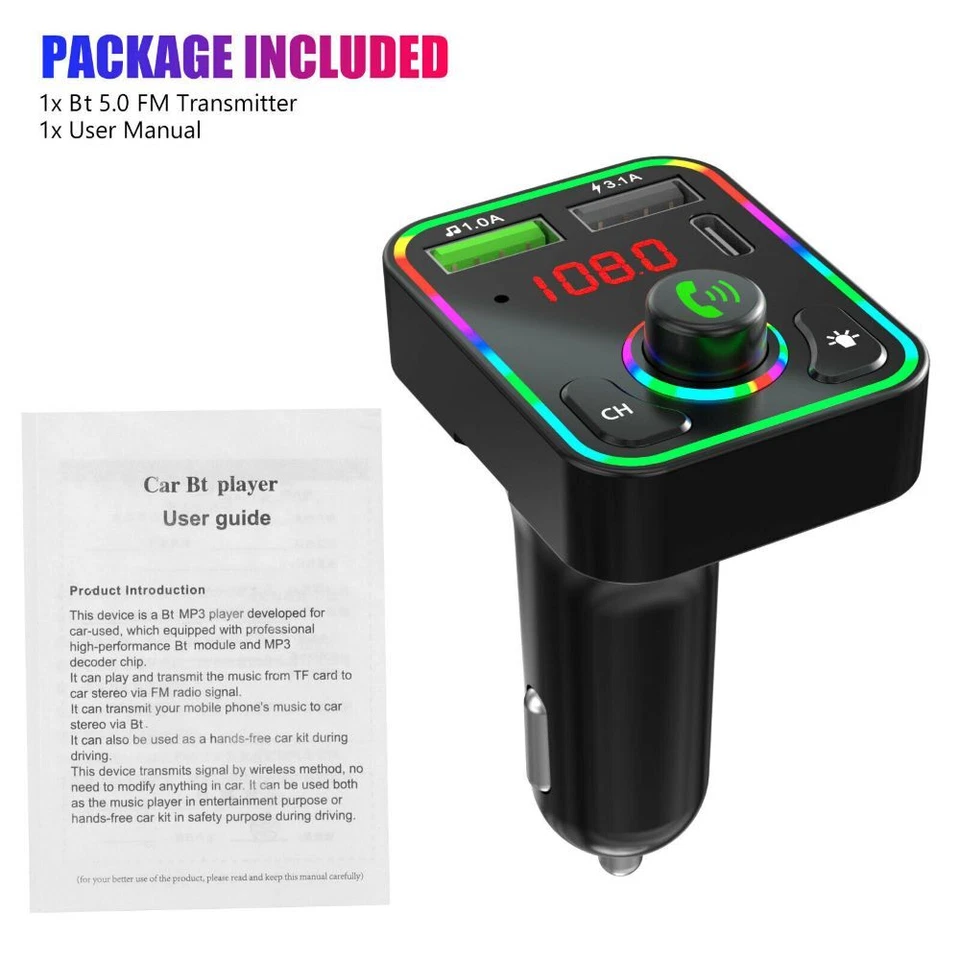 Wireless Bluetooth 5.0 Car FM Transmitter Adapter 2USB PD Charger AUX Hands-Free - Image 2 of 4