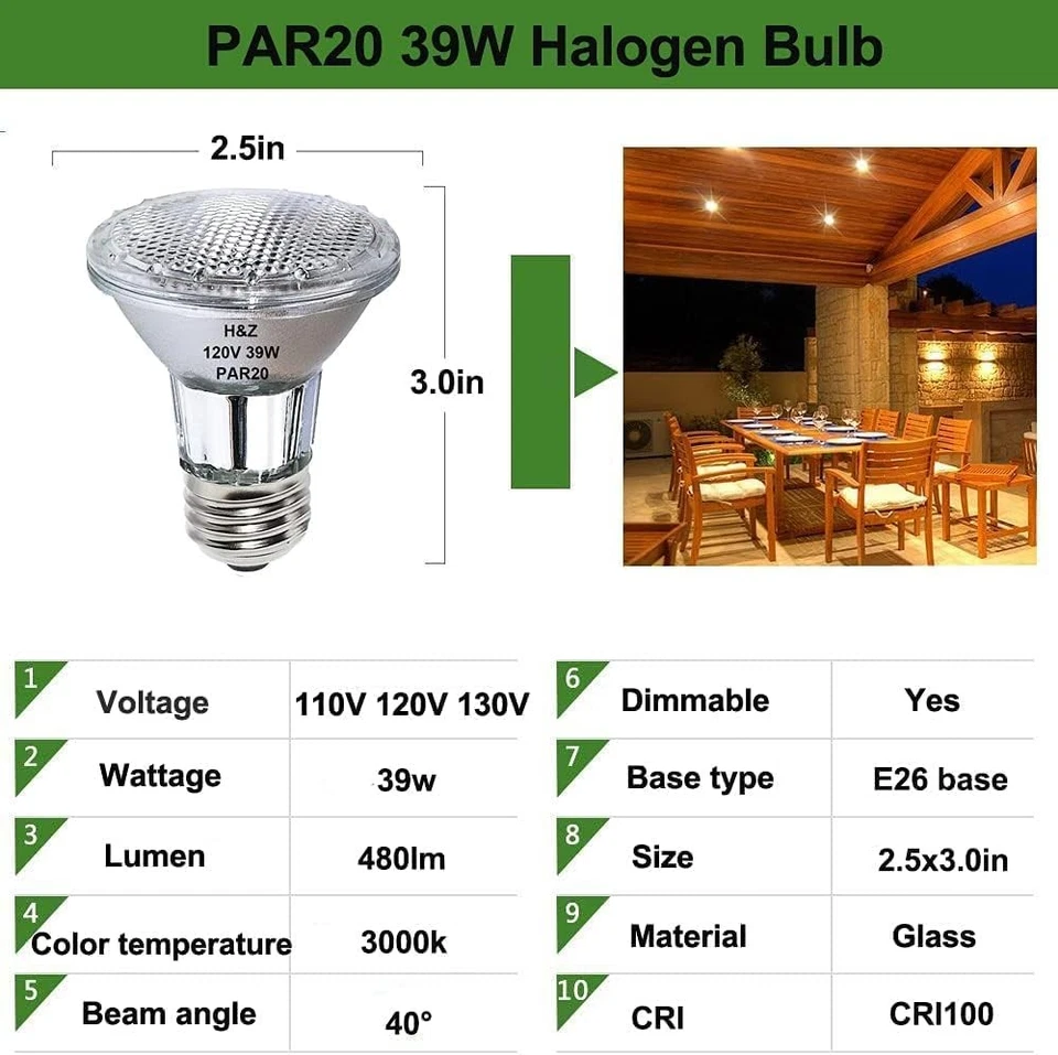 2 Pack H&Z Par20 Short Neck 39W 120V, 3000K Flood Light with E26 Medium Base dim - Image 2 of 3