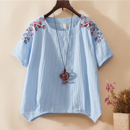 Women Linen Cotton Blouse T Shirt Floral Embroidery Short Sleeve Tops Loose - Picture 4 of 15