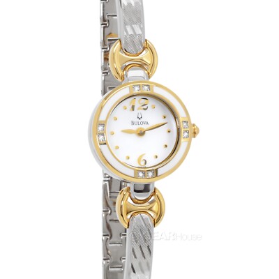 BULOVA Womens Half-Bangle Dress Watch w/ (2) Bezels, White MOP Dial, Two Tone