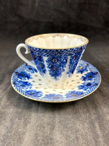 Juego de tazas y platillos Lomonosov Dama de honor azul cobalto y flores doradas - Imagen 4 de 7