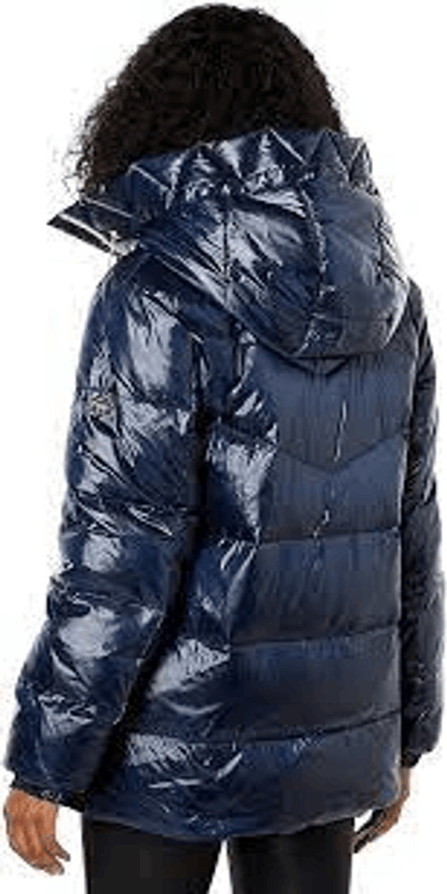 Kate Spade Women's NWT Blue Metallic Hooded Zip Front Down Jacket Coat Large thumbnail 2