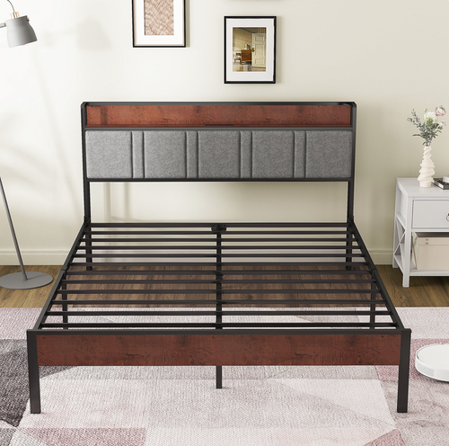 Modern QUEEN SIZE Bed Frame Headboard Charging Station Platform Upholstered Gray - Picture 6 of 7
