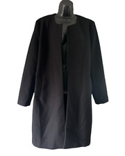 Halogen Size Large Women Black Textured Collarless Trench Coat Open Front Pocket